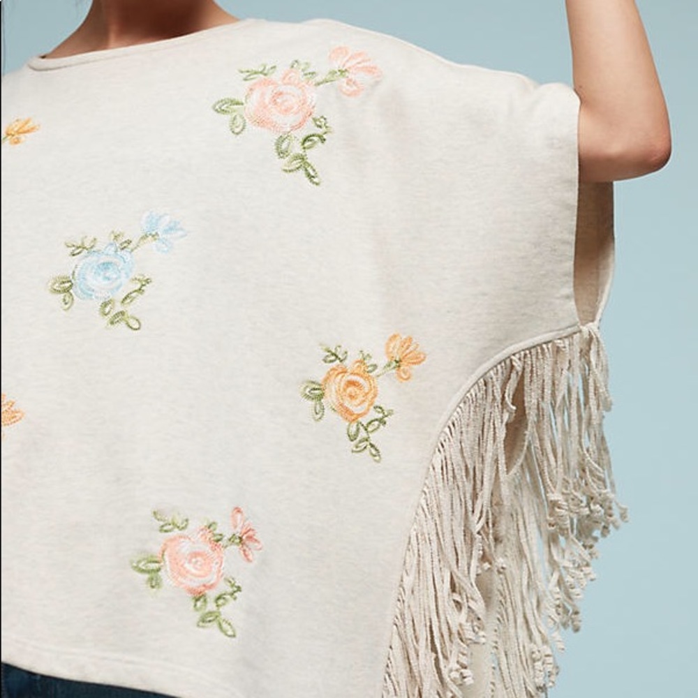 Anthropologie Embroidered Fringe Poncho